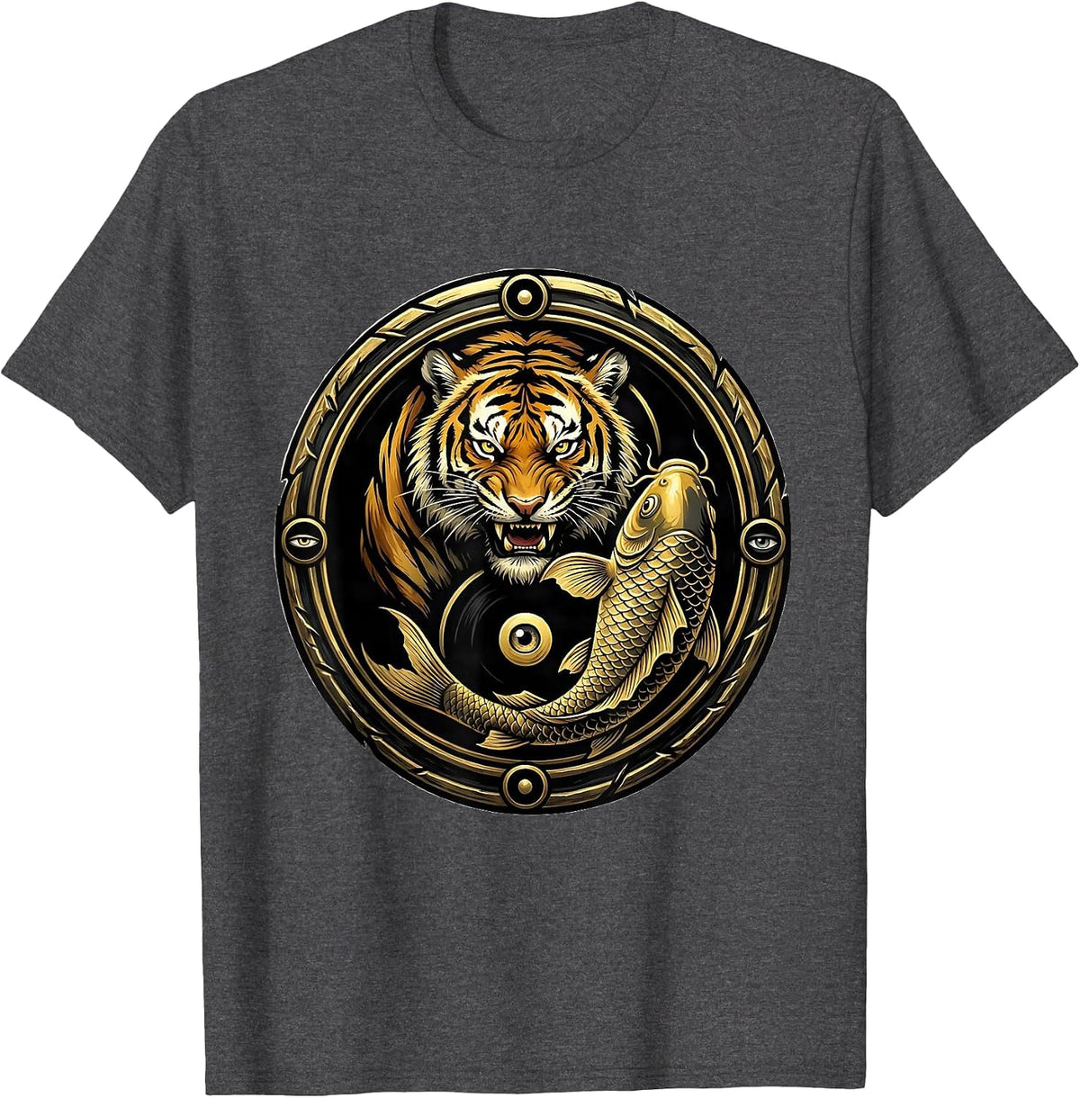 Tiger and Koi Fish Yin-Yang Balance Design T-Shirt - Dark Heather Grey