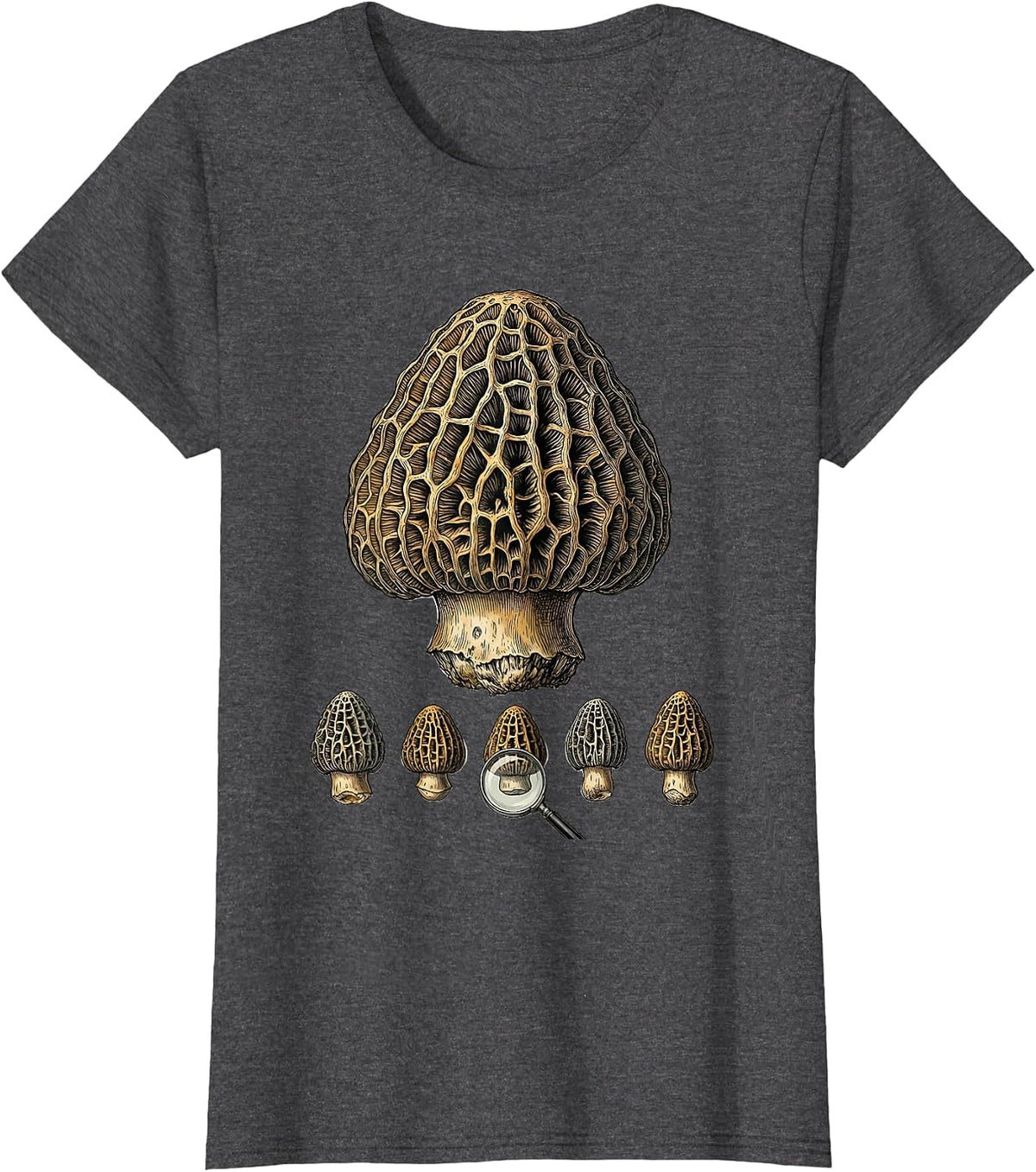 Women's Oversized Morel Botanical Mushroom Forager Retro Humor T-Shirt - Dark Heather Grey