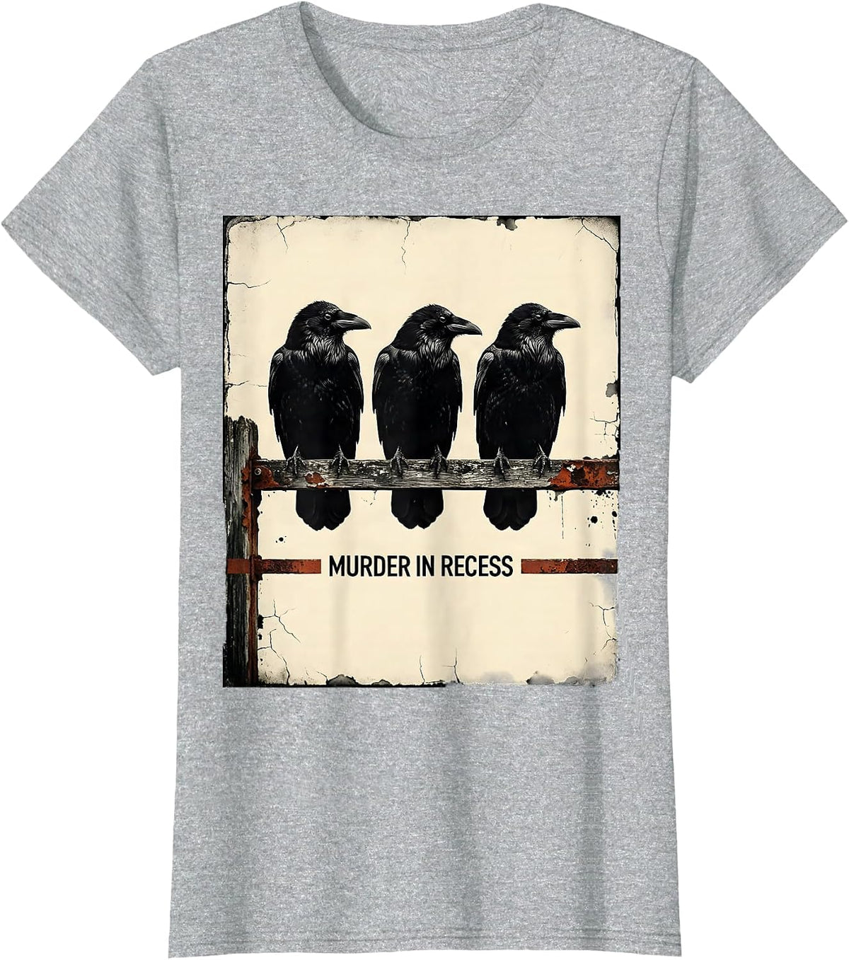 Women's Murder In Recess Distressed Crow Lover Bird Humor T-Shirt - Heather Grey