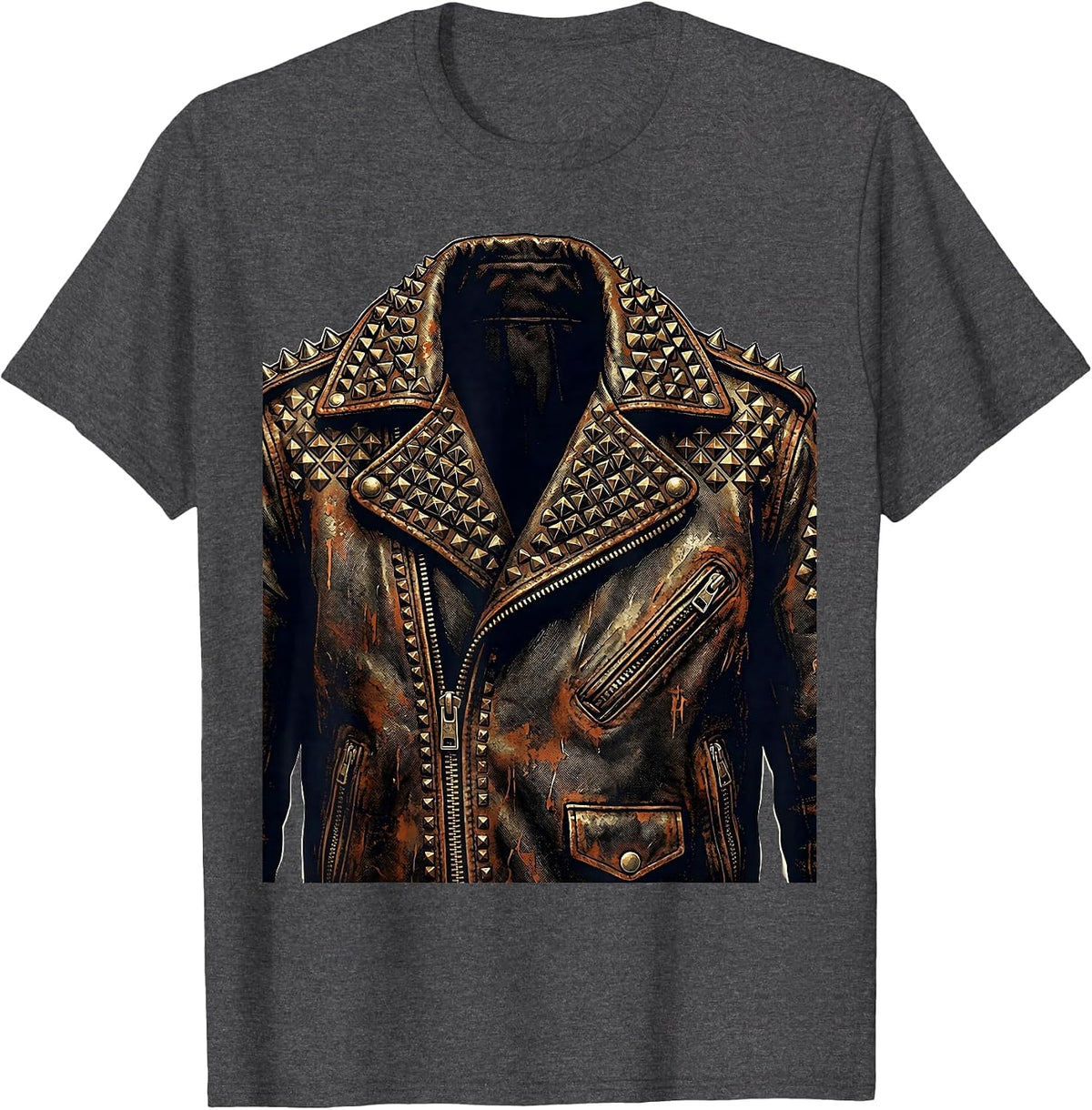 80s Studded Leather Jacket Graphic Tee T-Shirt - Dark Heather Grey