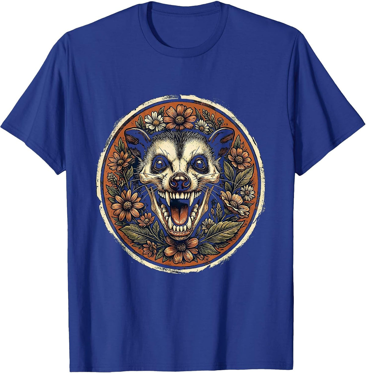 Men's Grinning Opossum Skull with Flowers Graphic T-Shirt - Royal Blue