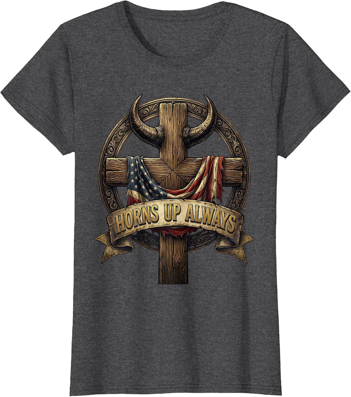 Women's Horns Up Always Metal Band Graphic Design T-Shirt - Dark Heather Grey