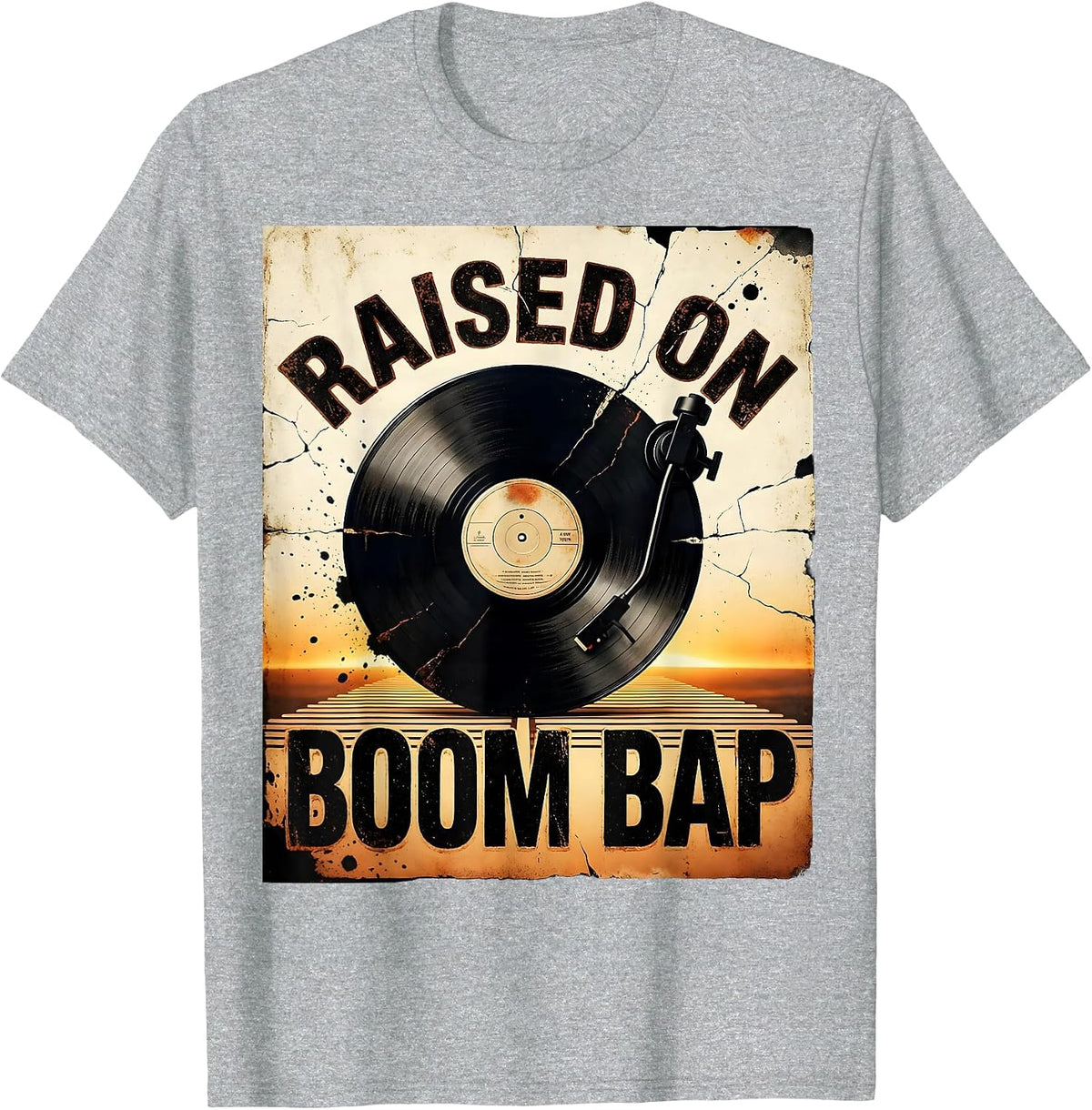 Men's Raised On Boom Bap Distressed Old School Hip Hop Retro T-Shirt - Heather Grey