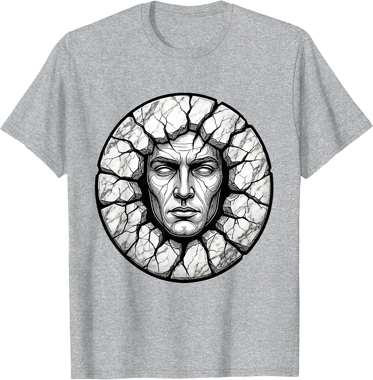 Men's Human Face Emerging From Cracked Marble Slab T-Shirt - Heather Grey