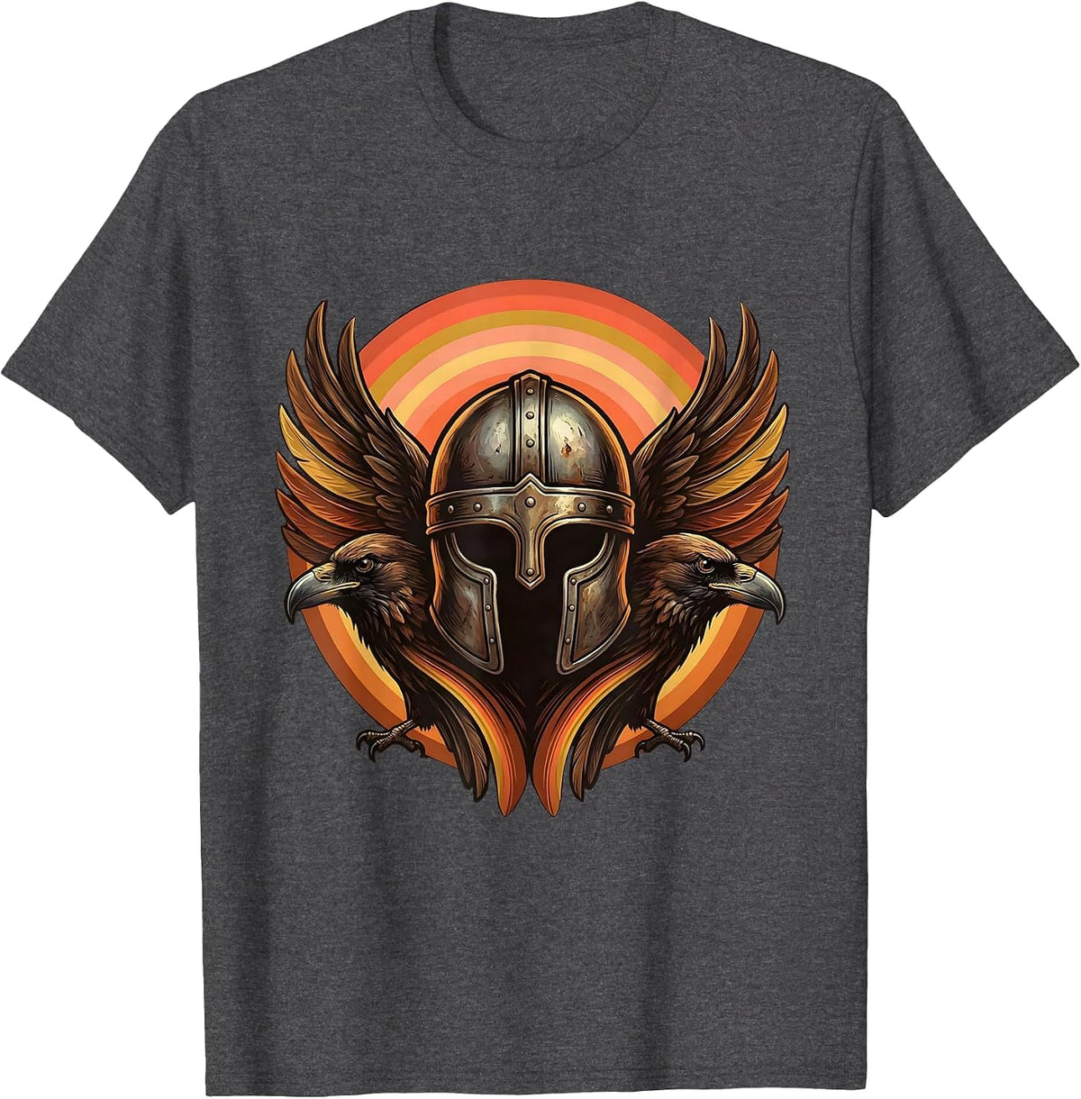 Viking Warrior Helmet with Ravens Graphic T-Shirt - Dark Heather Grey