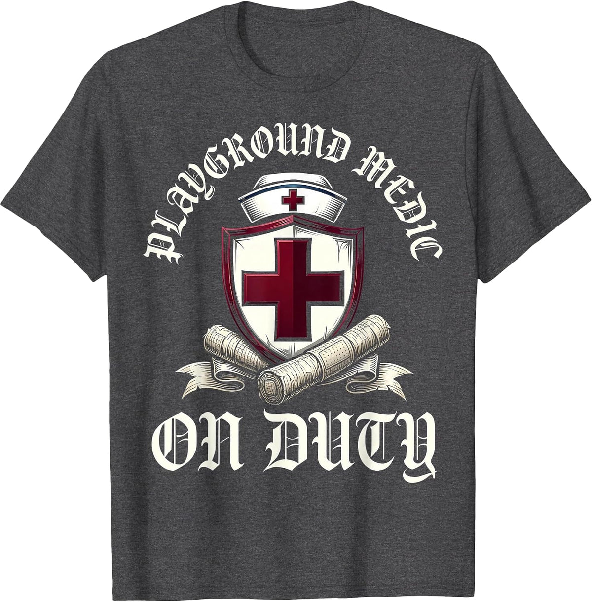 Playground Medic On Duty School Nurse Design T-Shirt - Dark Heather Grey