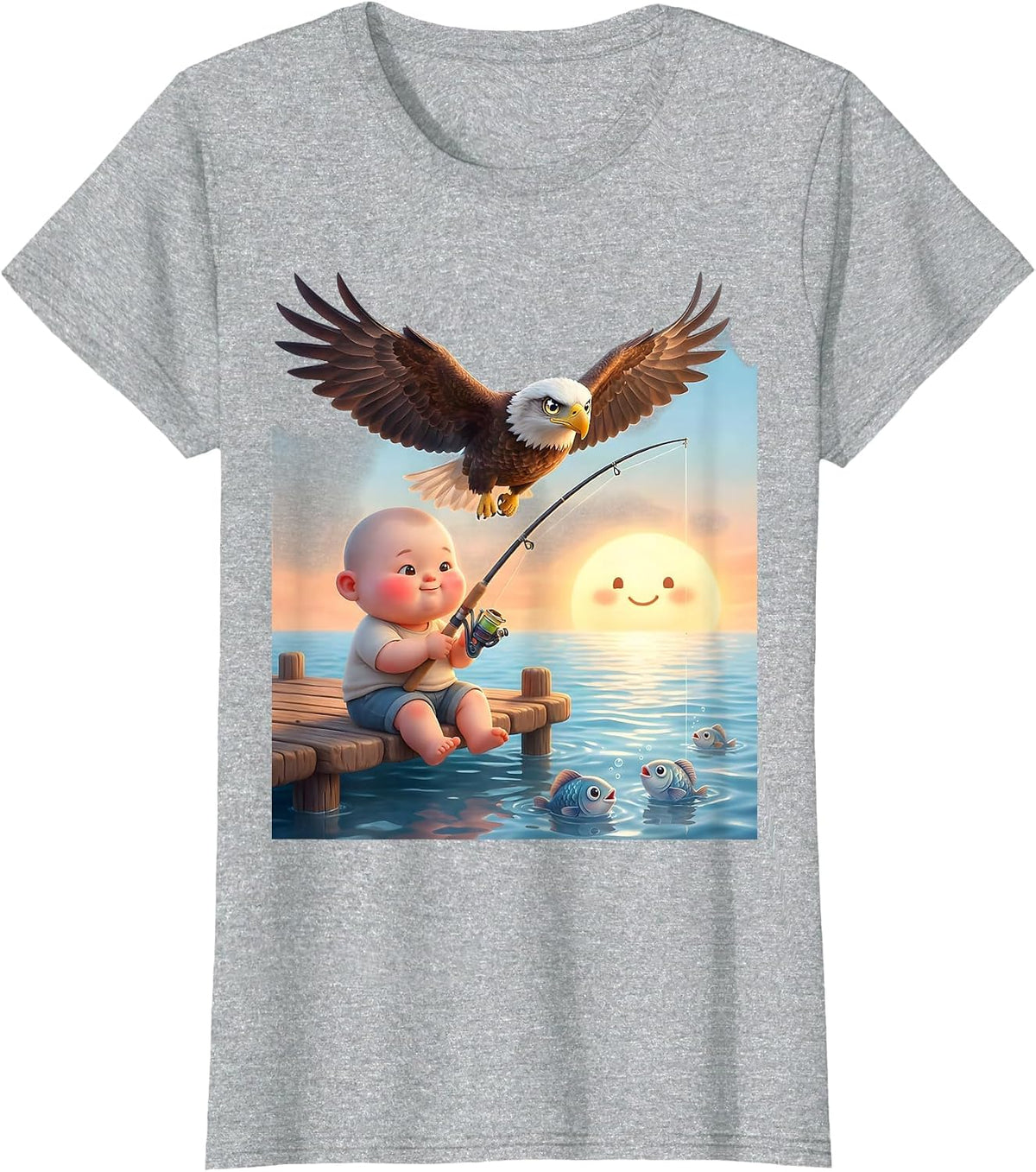 Women's Patriotic Kids Fishing at Sunset Eagle Design T-Shirt - Heather Grey