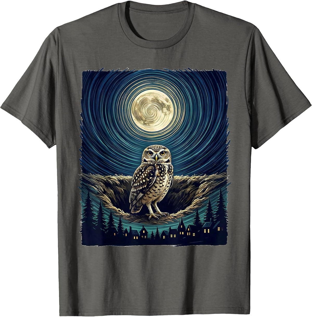 Men's Burrowing Owl Van Gogh Starry Night Art Lover T-Shirt - Asphalt Grey