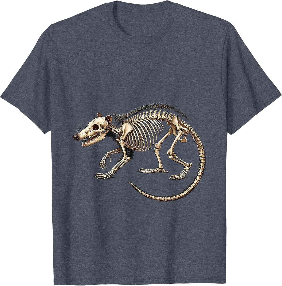 Opossum Skeleton Mid-Stride Dark Background T-Shirt - Heather Blue