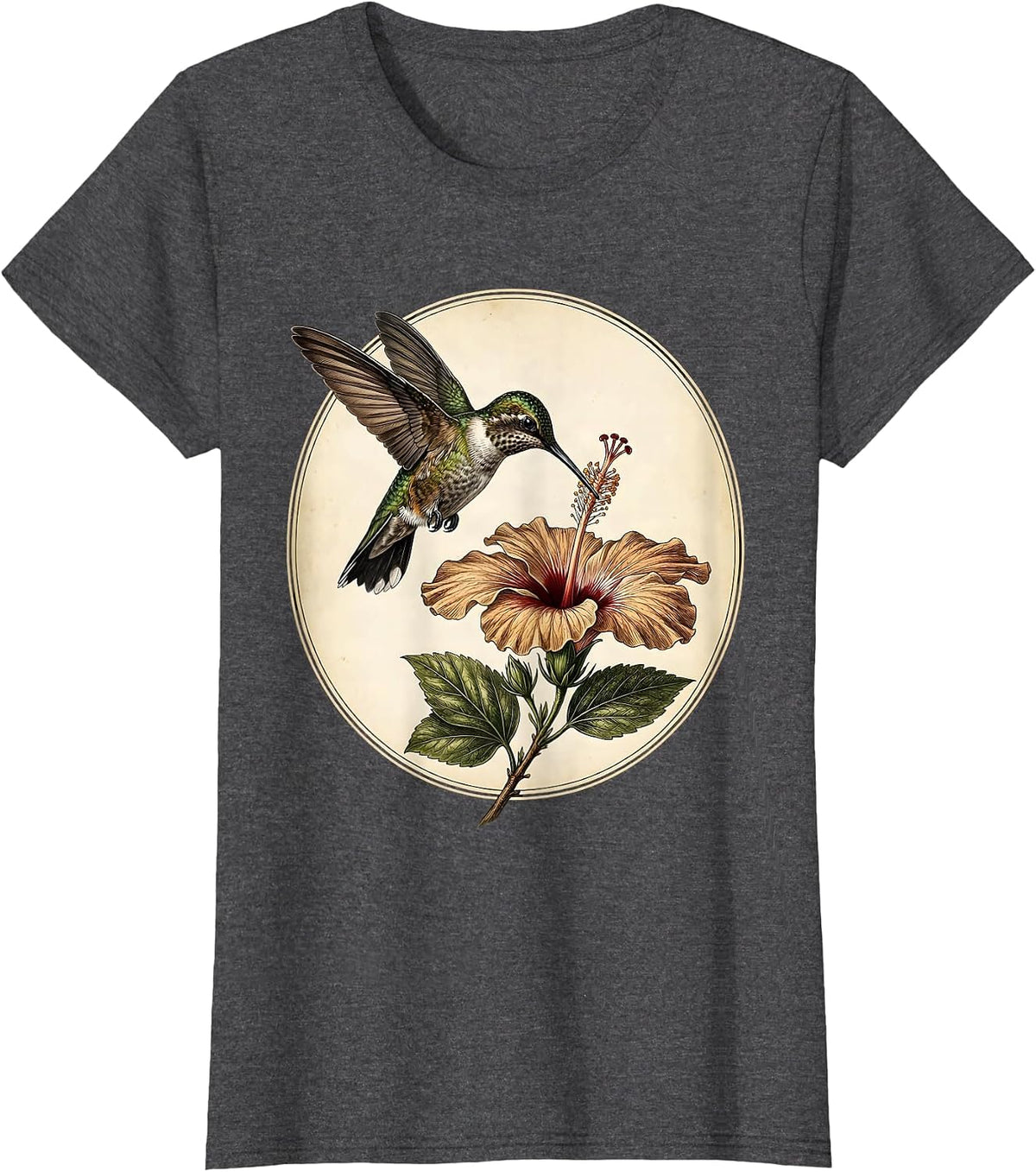 Women's Hummingbird and Hibiscus Flower Graphic T-Shirt - Dark Heather Grey