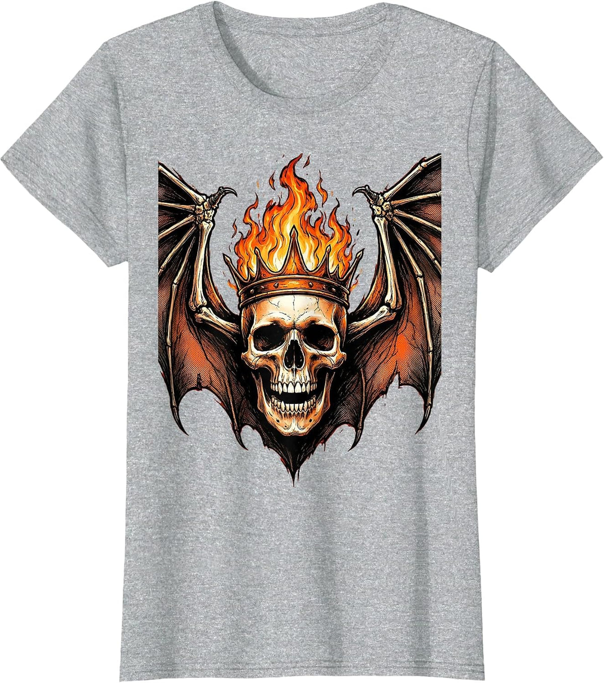 Flaming Skull Bat Wings Dark Gothic Design T-Shirt - Heather Grey
