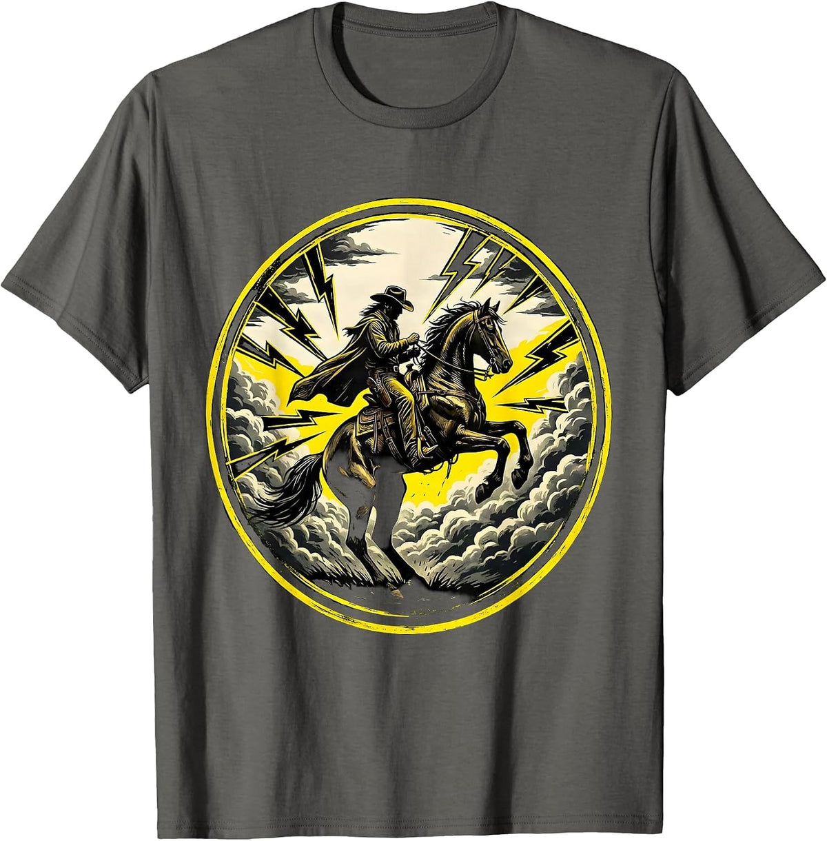 Cowboy Riding Horse Through Lightning Storm T-Shirt - Asphalt Grey