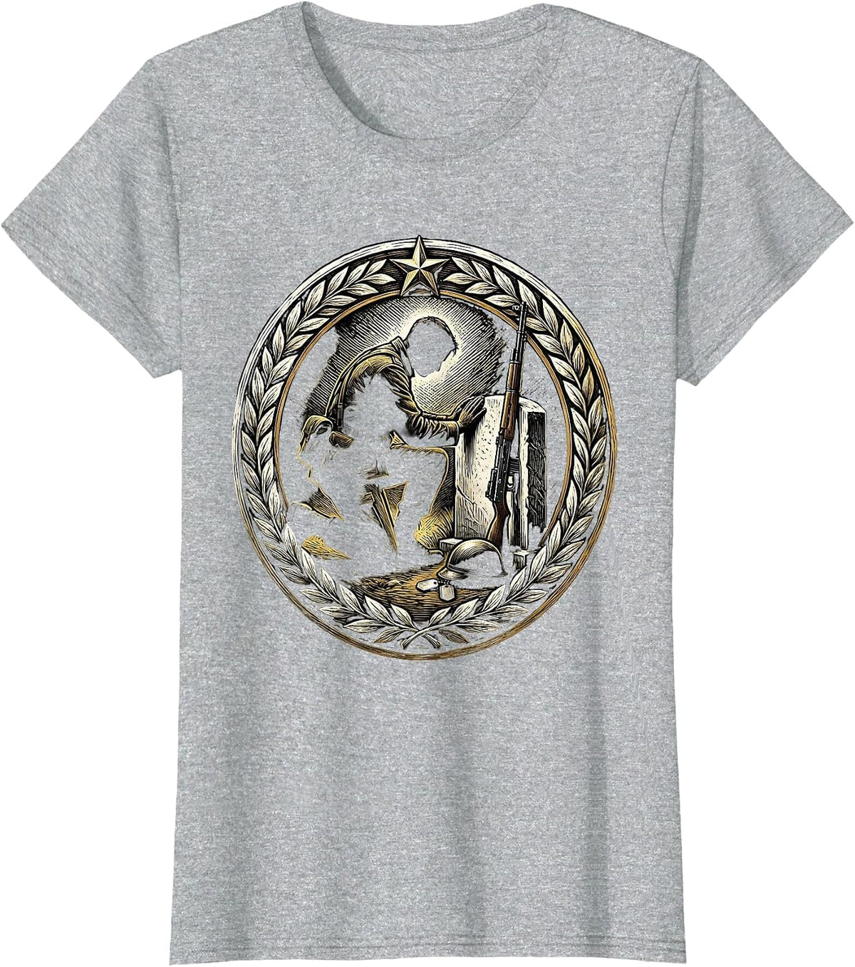 Soldier Kneeling at Grave Memorial Tribute T-Shirt - Heather Grey