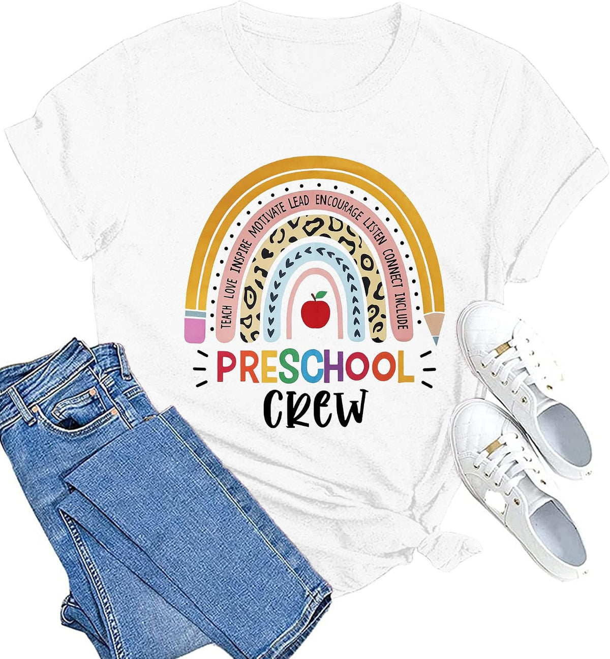 Womens Preschool Teacher Shirts Preschool Crew Rainbow Tshirt Teacher Life Short Sleeve - White