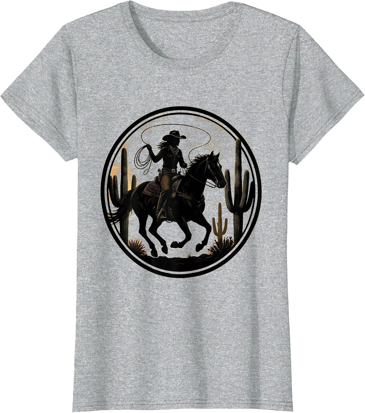 Black Cowgirl Riding Horse Through Cactus Field T-Shirt - Heather Grey