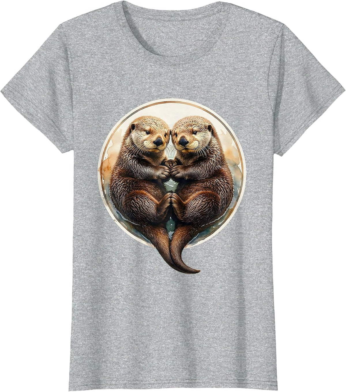 Women's Sea Otter Couple Holding Paws Sleeping Illustration T-Shirt - Heather Grey
