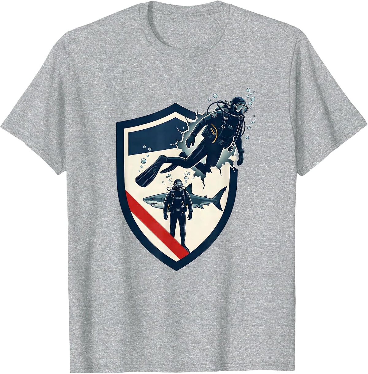 Men's Scuba Diver Shield Emblem Shark Dive Buddy Vintage Humor T-Shirt - Heather Grey