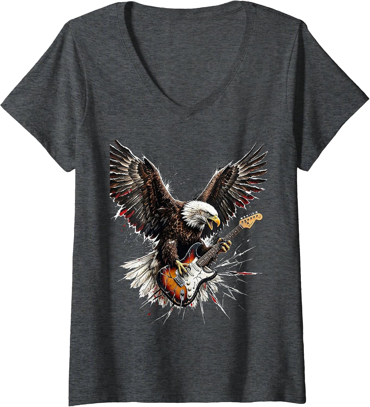 Women's Vintage Rock Eagle Electric Guitar Graphic V-Neck T-Shirt - Dark Heather Grey