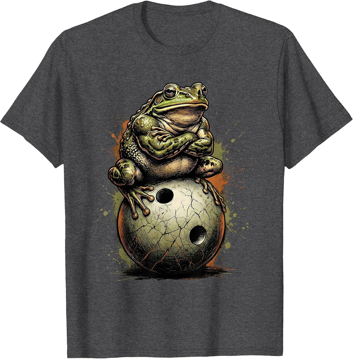 Men's Frog on Bowling Ball Funny Bowling Graphic T-Shirt - Dark Heather Grey