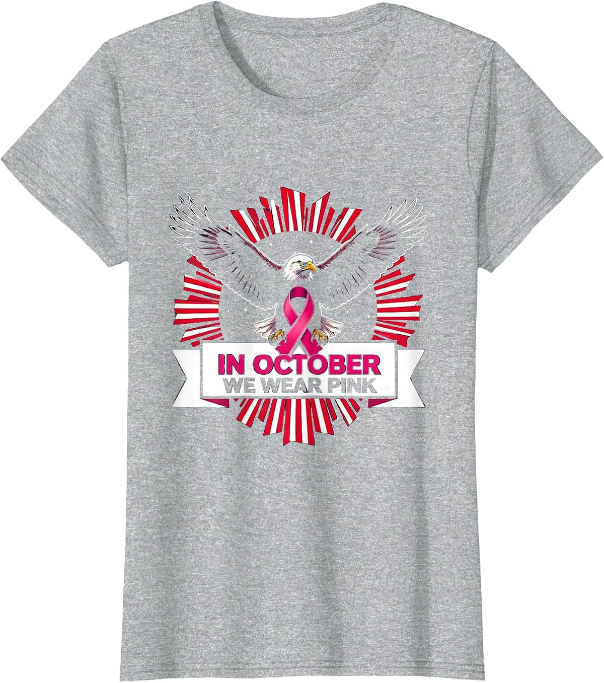 Women's In October We Wear Pink Patriotic Eagle Breast Cancer T-Shirt - Heather Grey