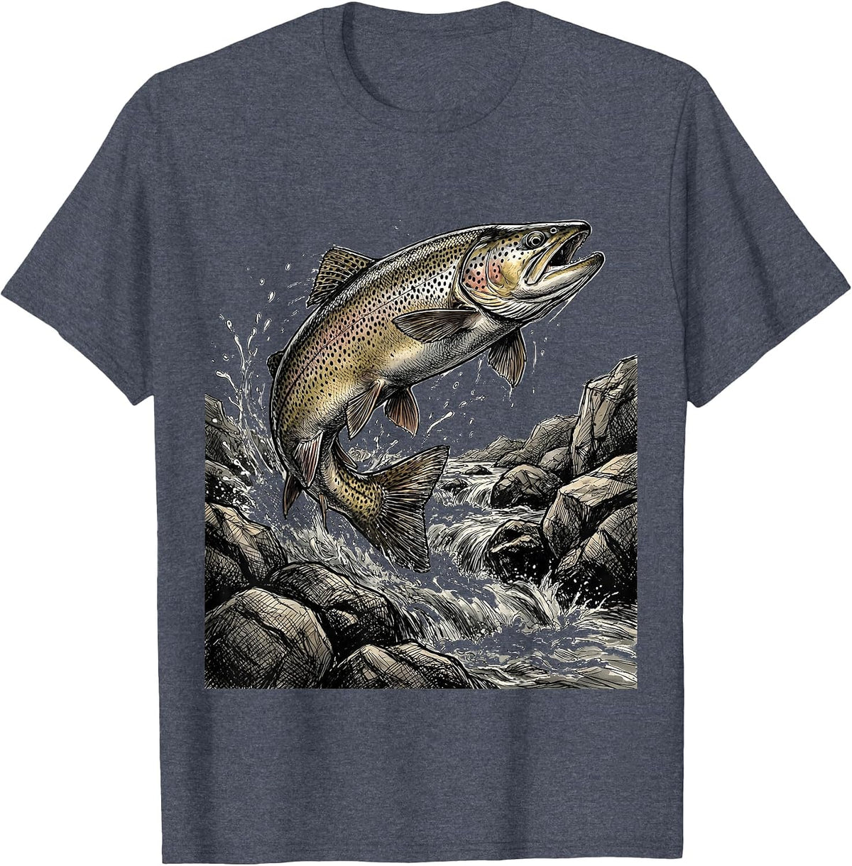Trout Upstream Mountain Rapids Fishing Graphic T-Shirt - Heather Blue
