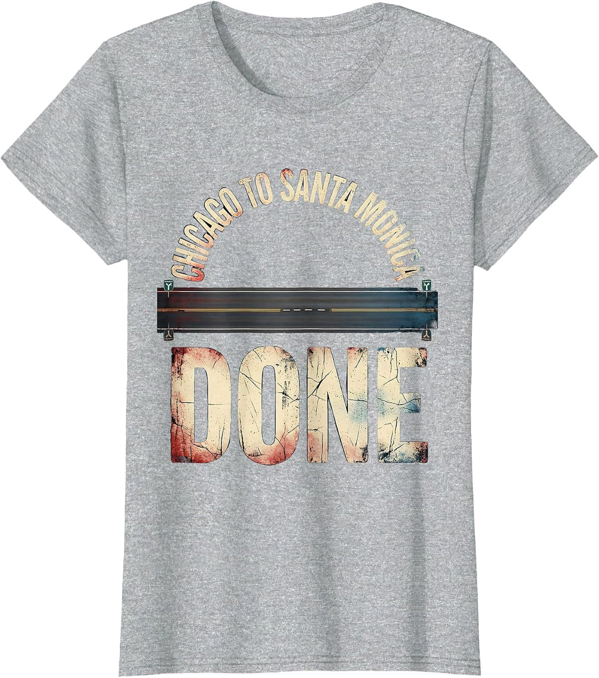 Women's Chicago To Santa Monica, Done Distressed Road Trip Classic T-Shirt - Heather Grey
