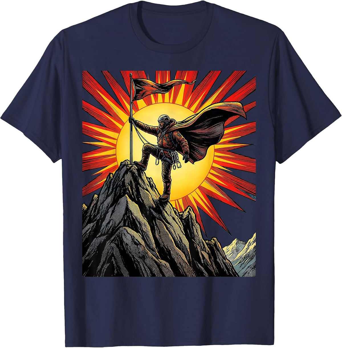 Climber Reaching Summit Flagpole at Dawn T-Shirt - Navy Blue