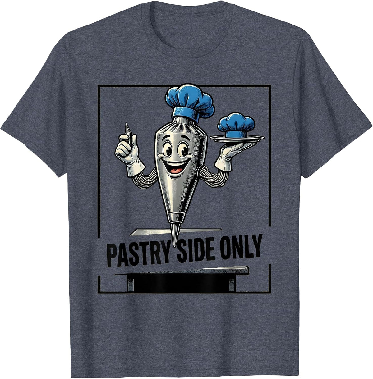 Pastry Side Only Retro Cartoon Chef Kitchen Staff Humor T-Shirt - Heather Blue