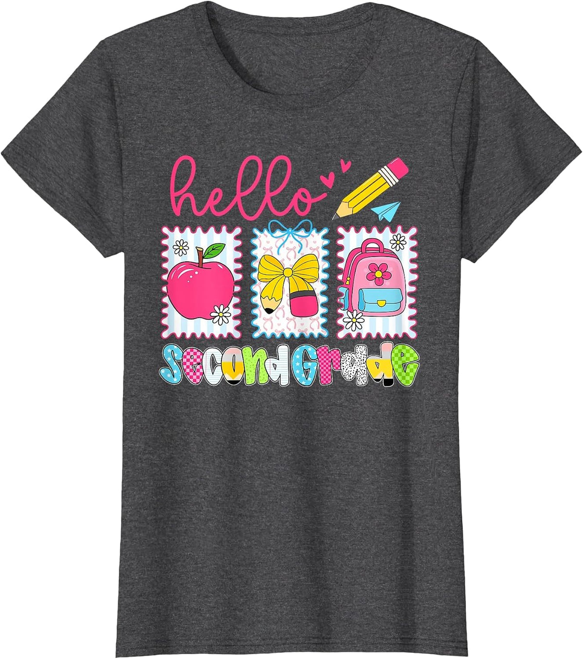 Preppy Hello Second Grade Team Back to School Teachers Kids T-Shirt, Women, Dark Heather Grey, Large - As Pictured