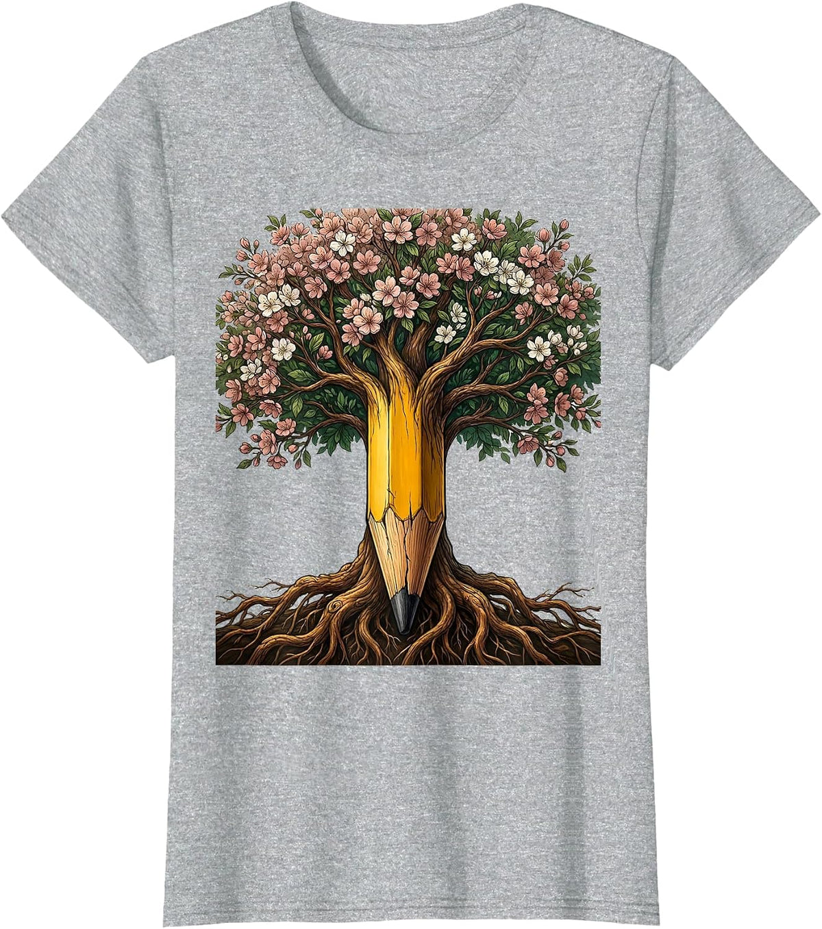 Art Teacher Cracked Pencil Blooming Tree Graphic T-Shirt - Heather Grey