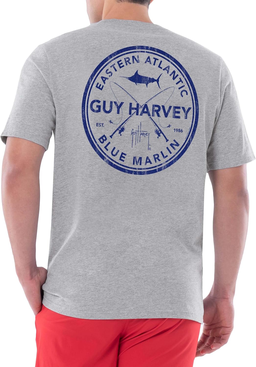 Guy Harvey Men’s Short Sleeve OG Cotton Graphic Pocket T-Shirt - Sport Grey Heather\/Ea Blue Marlin