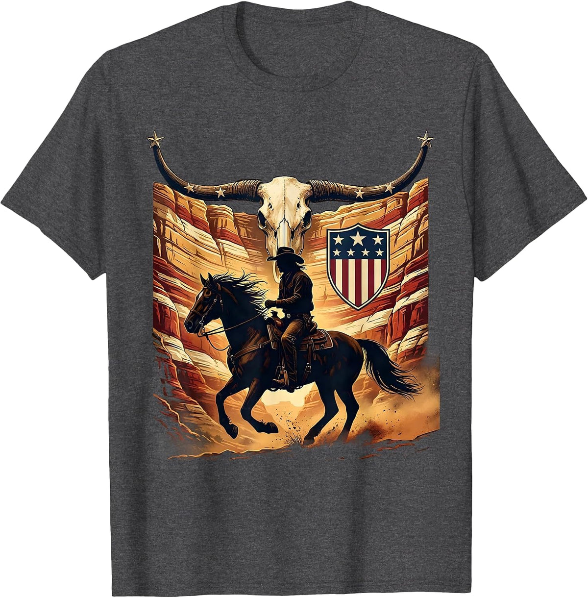 Cowboy Riding Into Canyon at Sunrise T-Shirt - Dark Heather Grey