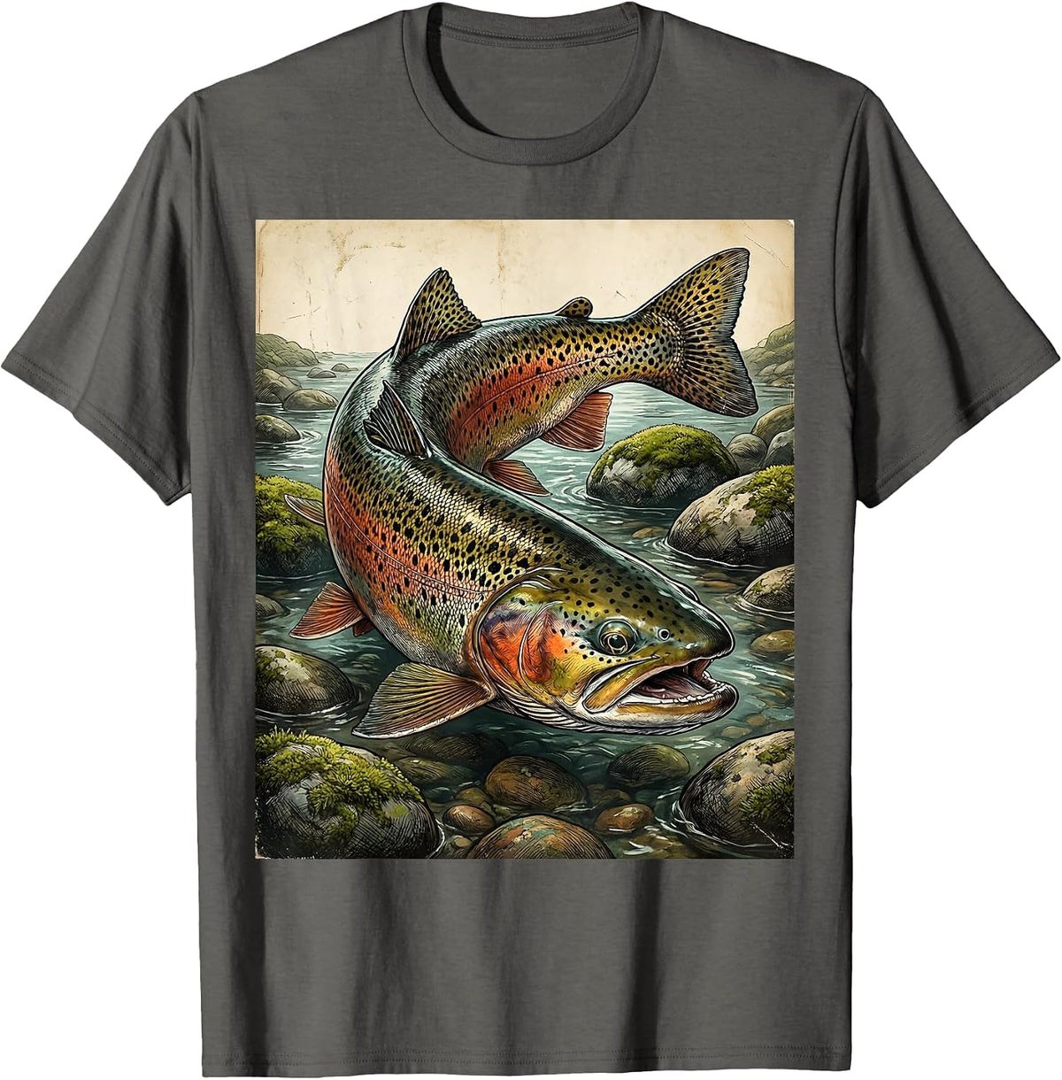 Trout Swimming Mountain Stream Fishing Illustration T-Shirt - Asphalt Grey
