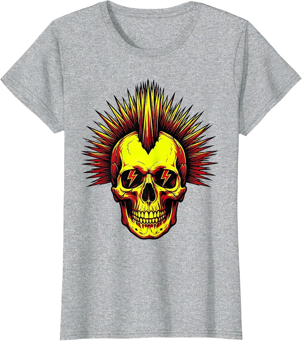 Punk Rock Mohawk Skull Lightning Bolt Eyes T-Shirt - Heather Grey