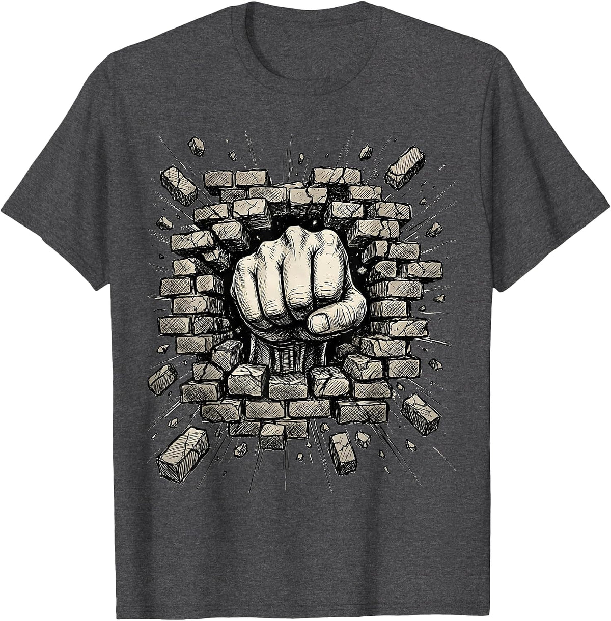 Men's Grunge Fist Through Brick Wall Graphic Tee T-Shirt - Dark Heather Grey