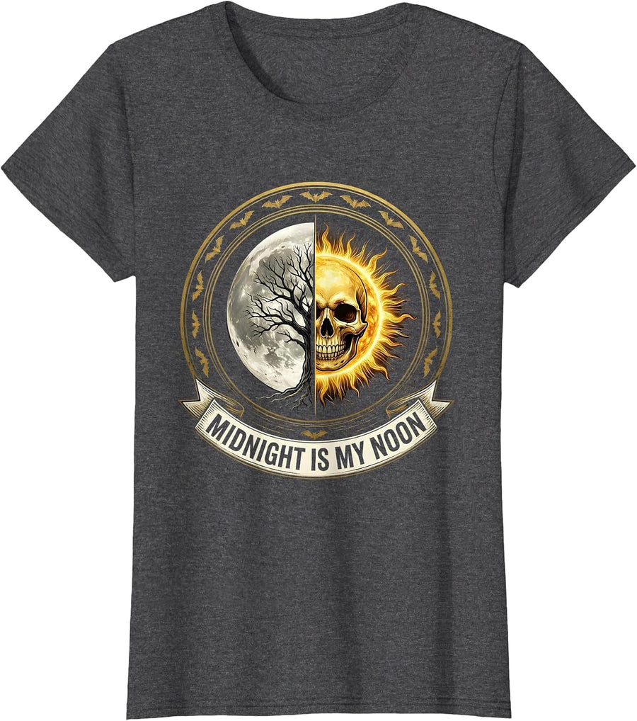 Women's Midnight Is My Noon Halloween Night Owl Design T-Shirt - Dark Heather Grey
