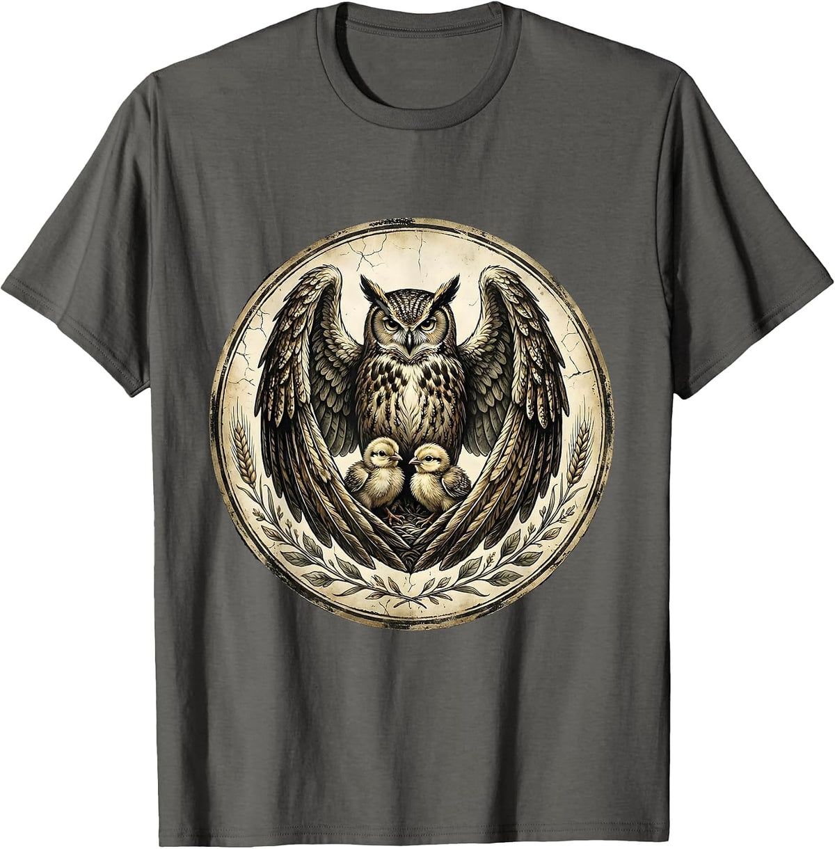 Protective Owl Spreading Wings Over Chicks T-Shirt - Asphalt Grey
