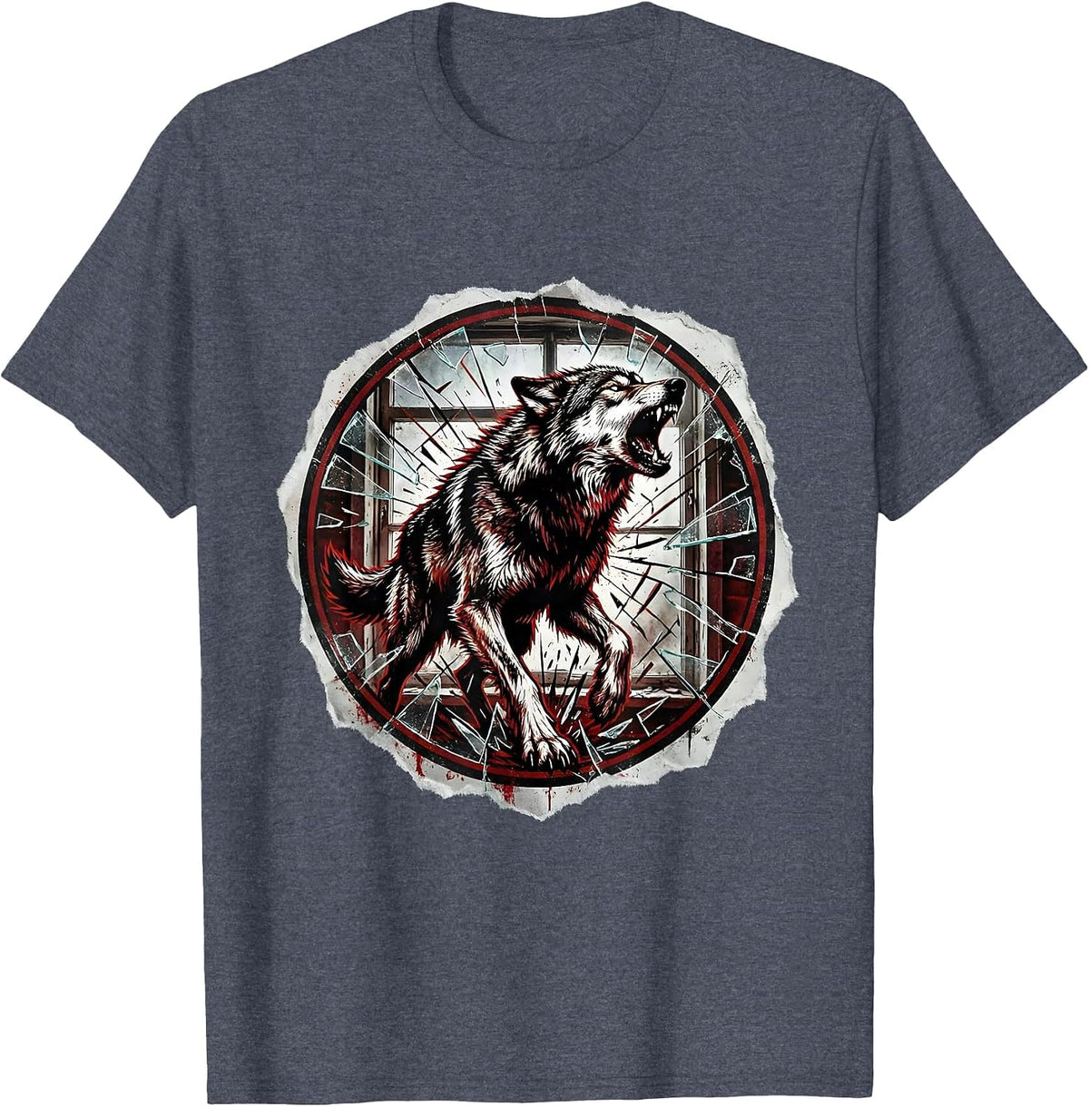 Grunge Wolf Howling Through Shattered Glass T-Shirt - Heather Blue