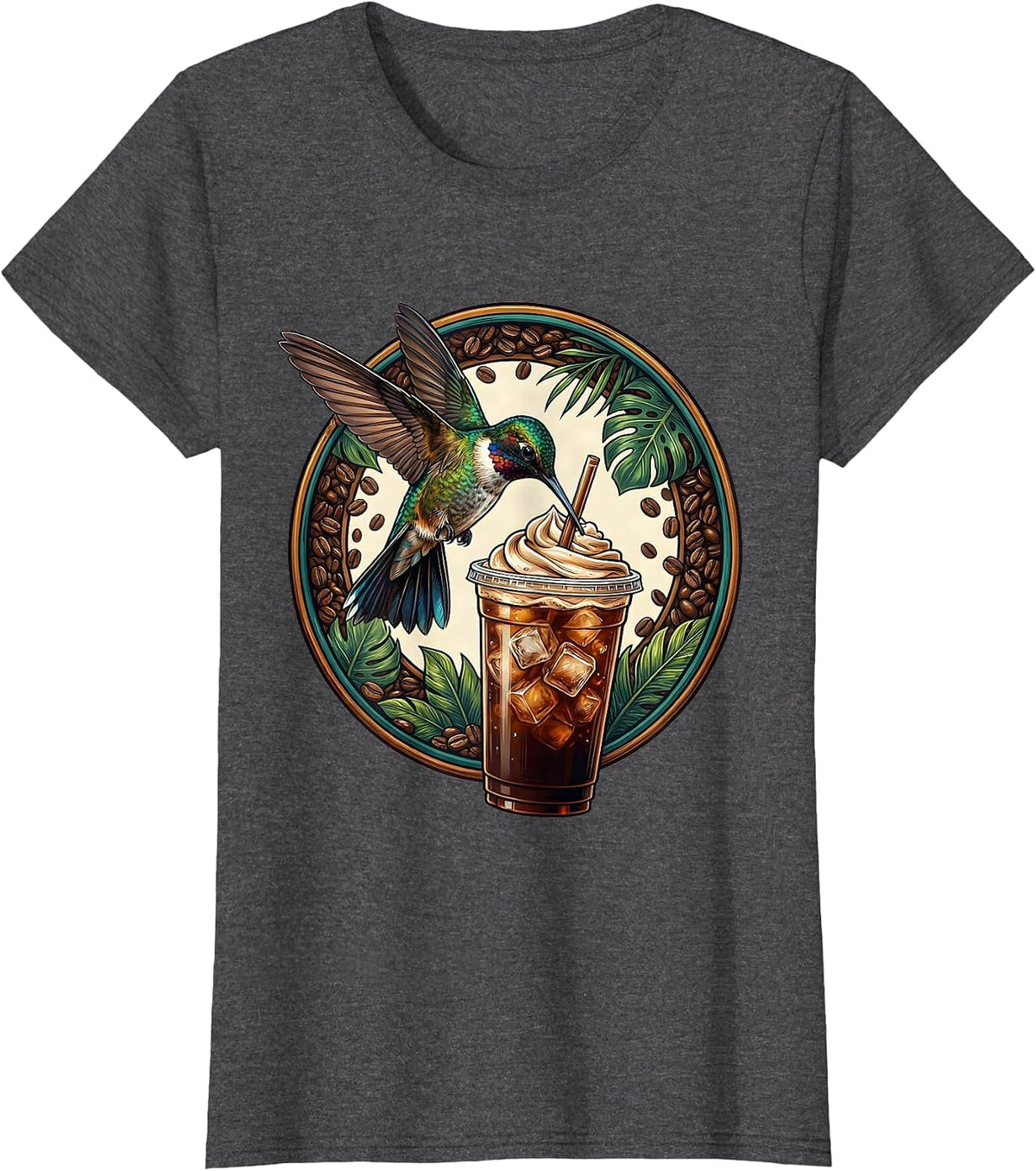 Women's Hummingbird Iced Coffee Lover Graphic Tee T-Shirt - Dark Heather Grey