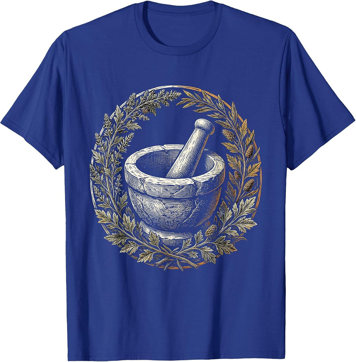 Renaissance Apothecary Mortar and Pestle Botanical Art T-Shirt - Royal Blue