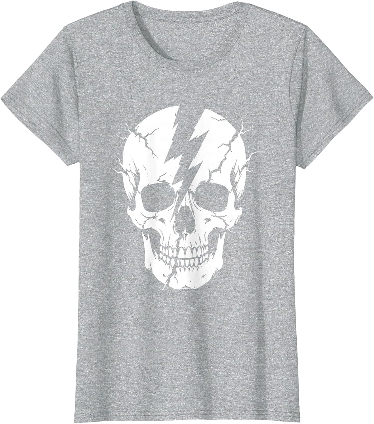 Rock Skull Lightning Bolt Crack Graphic Tee T-Shirt - Heather Grey