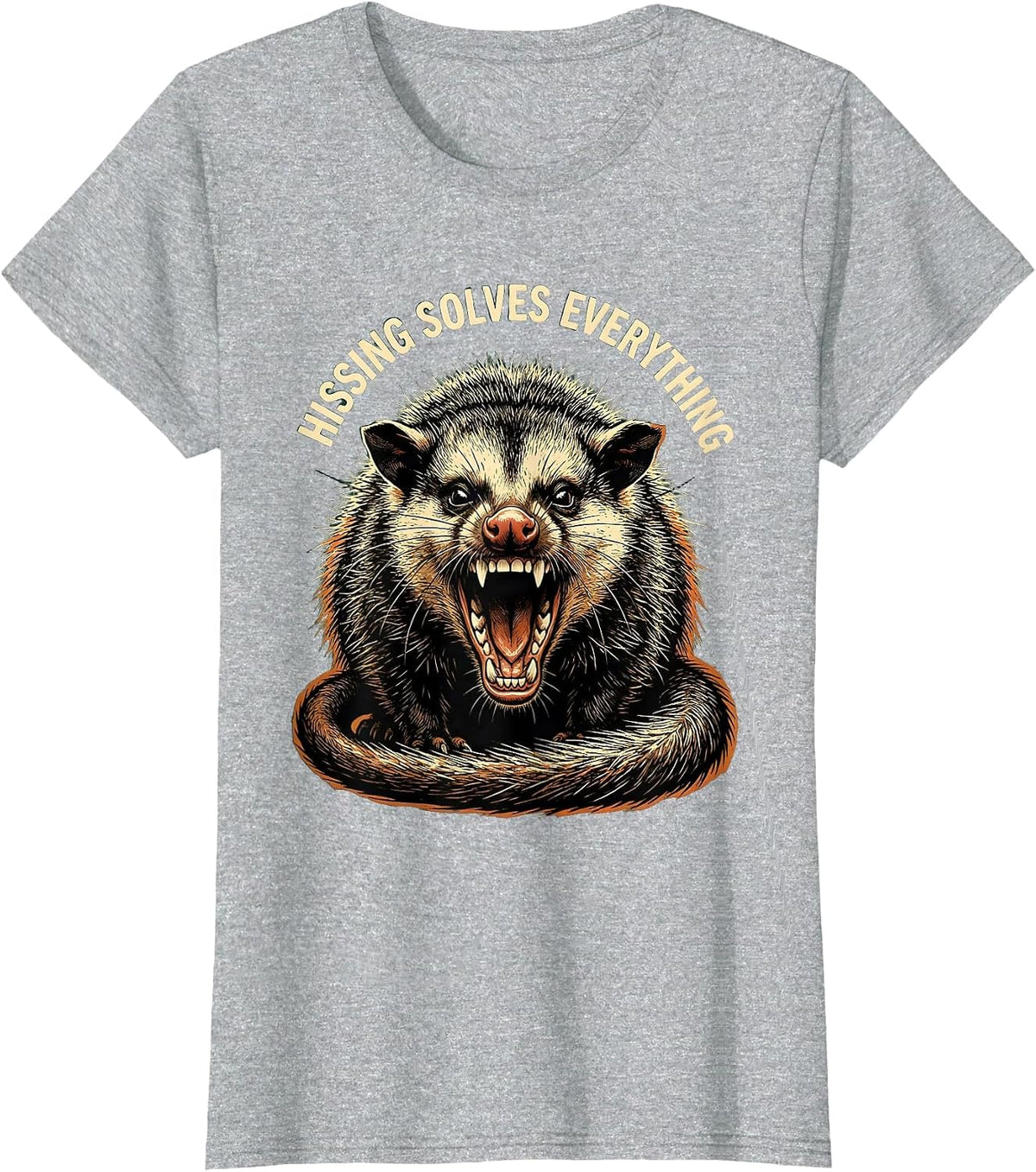 Hissing Solves Everything Funny Opossum Design T-Shirt - Heather Grey