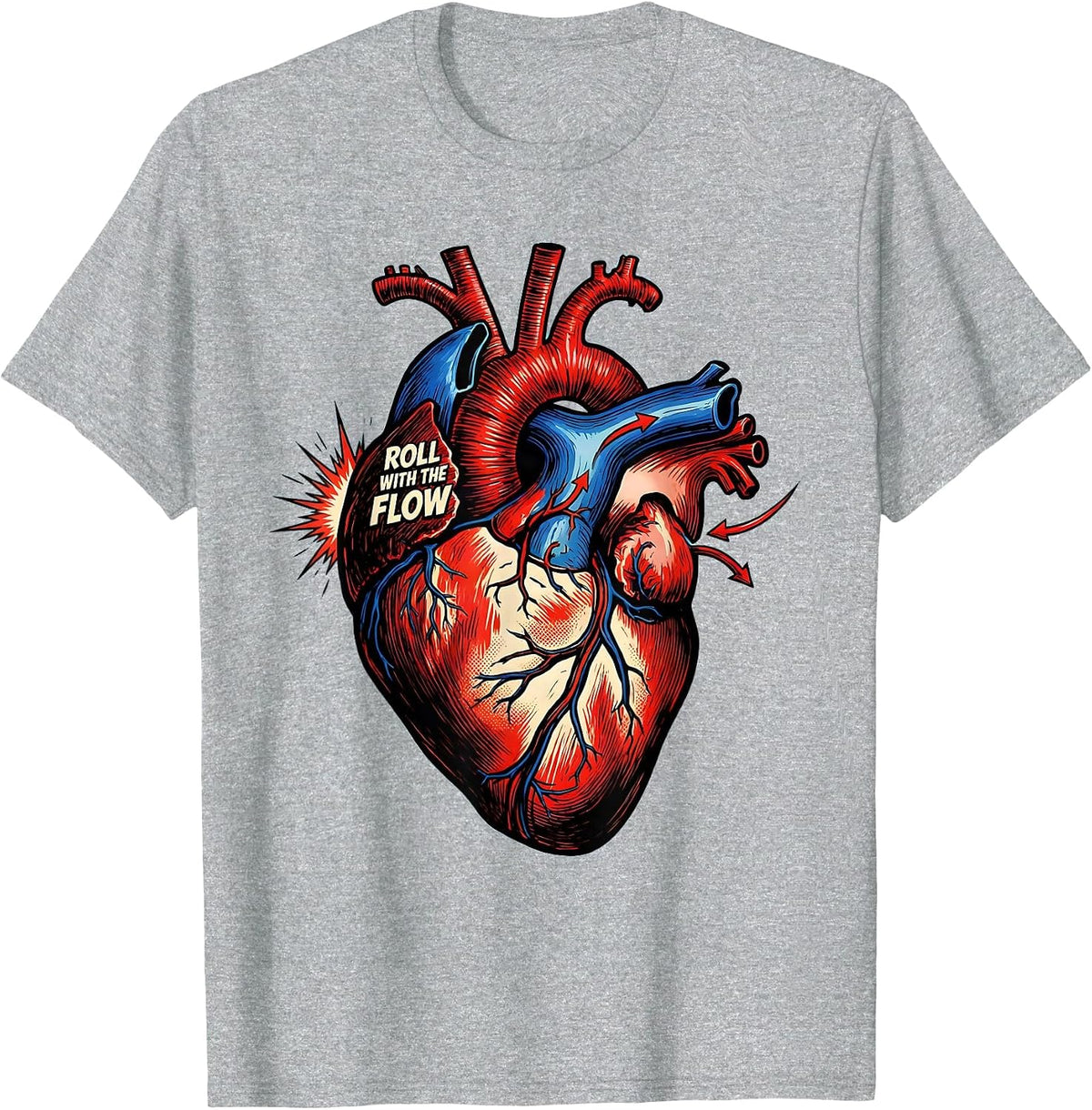 Men's Roll With The Flow Comic Book Cardiac Nurse Anatomy Humor T-Shirt - Heather Grey