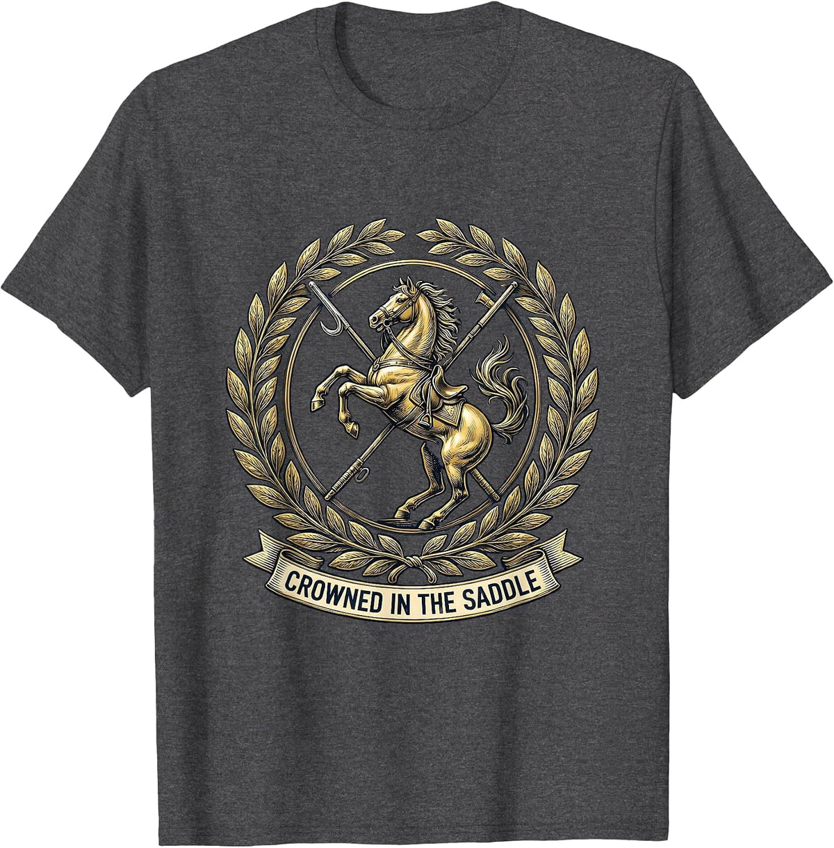Crowned In The Saddle Heraldic Equestrian Design T-Shirt - Dark Heather Grey