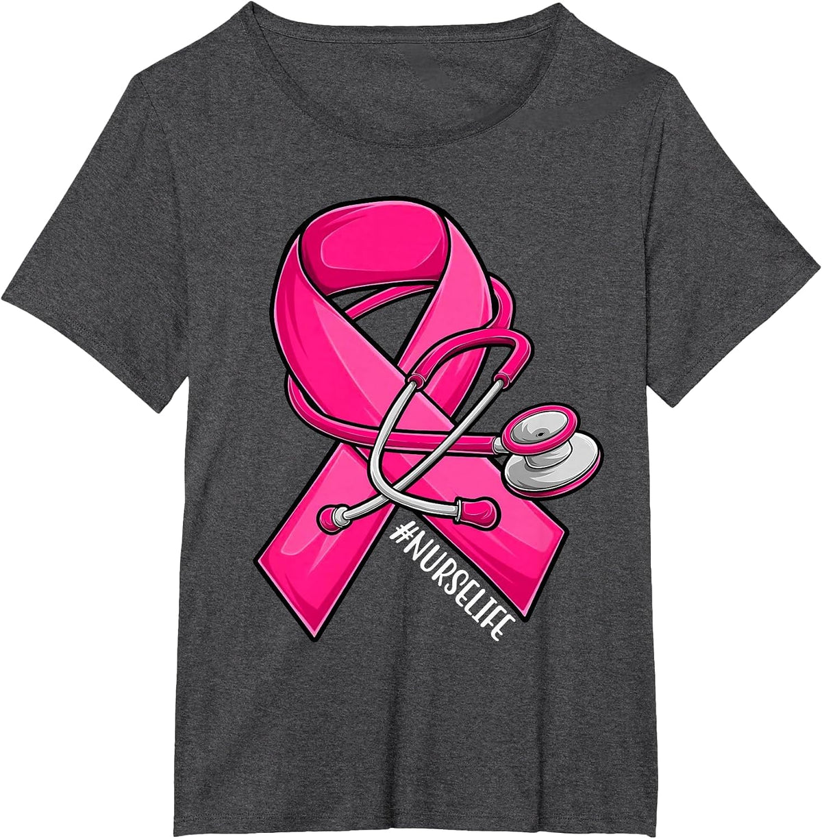 Pink Ribbon Stethoscope Nurse Life Breast Cancer Awareness T-Shirt - Dark Heather Grey