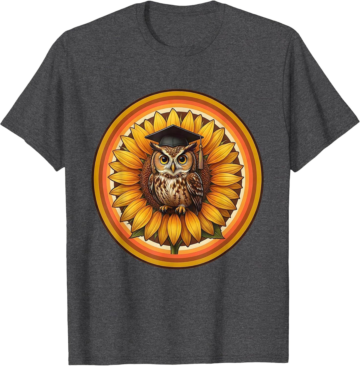 Owl Graduation Cap Sunflower Yellow Teacher Gift T-Shirt - Dark Heather Grey