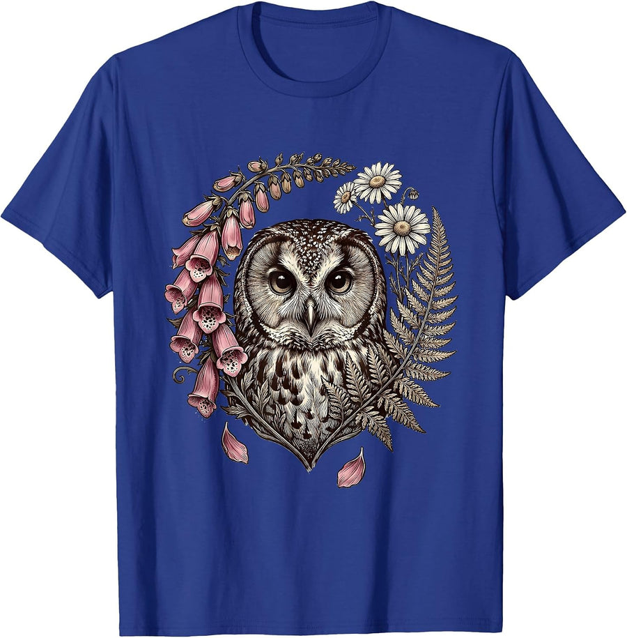 Barn Owl Cottagecore Floral Nature Aesthetic T-Shirt - Royal Blue