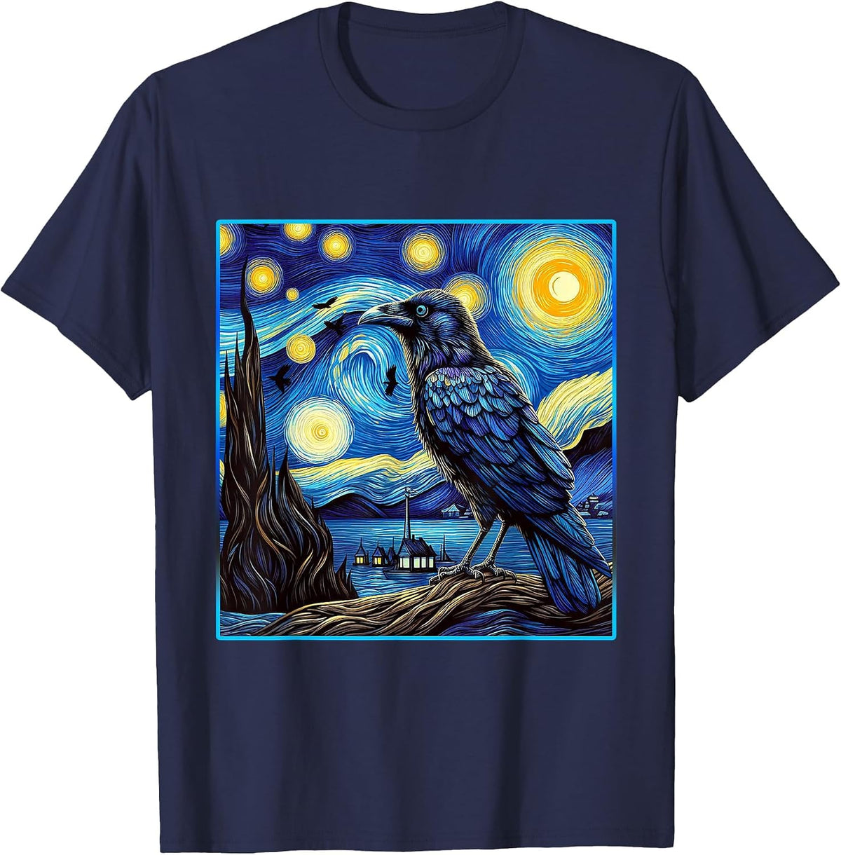 Raven Starry Night Shirt Van Gogh Painting Black Crow Lover T-Shirt - Navy Blue