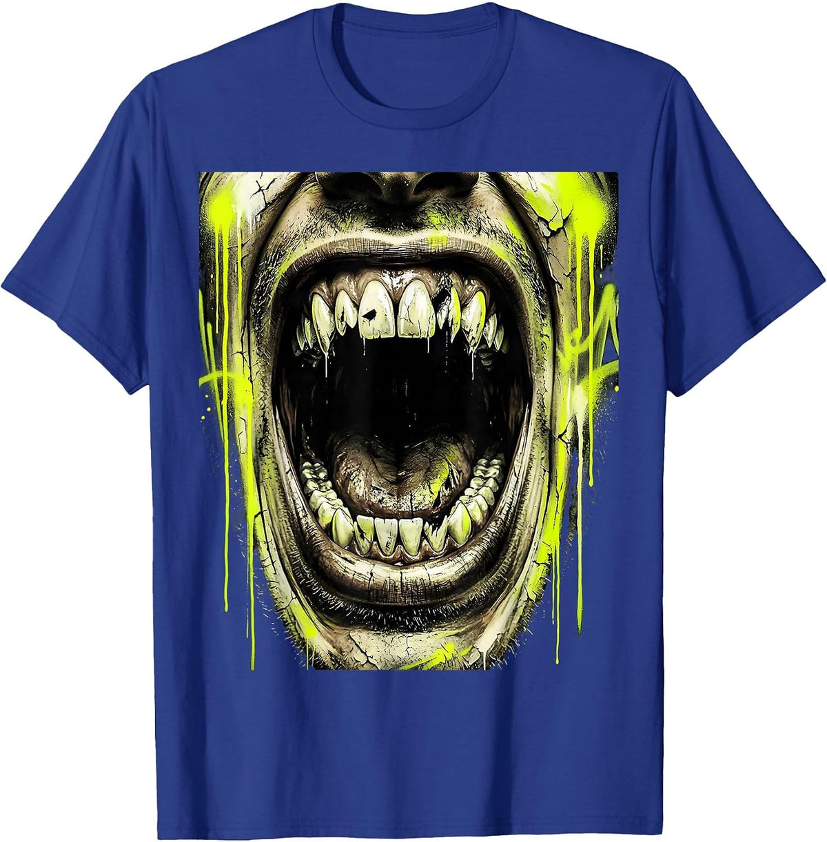 Men's Grunge Screaming Mouth Rotted Teeth Illustration T-Shirt - Royal Blue