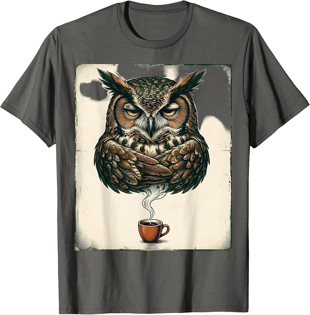 Slumped Owl Vintage Christian Coffee Humor Animal Mascot T-Shirt - Asphalt Grey